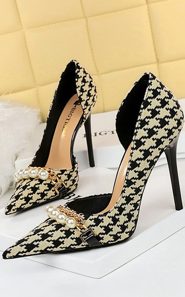Plaid shallow mouth side hollow houndstooth pearl metal chain super high-heeled shoes