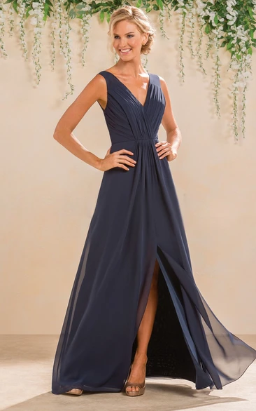 V-Neck Sleeveless A-Line Gown With Front Slit And V-Back