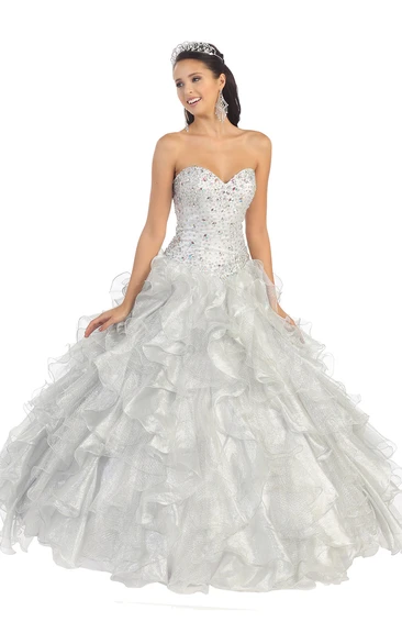 Sweetheart Cascading Ruffled Jeweled Strapless Organza Lace-Up Ball Gown
