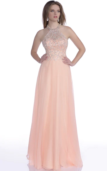 A Line Halter Sleeveless Floor-length Chiffon Evening Dress with Low-V Back and Beading