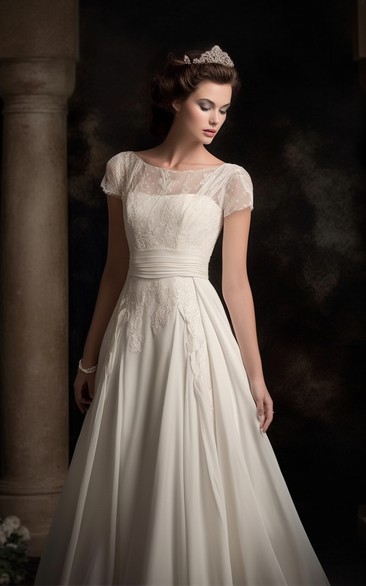 Bateau-neck Short-sleeve Chiffon Empire A-line Pleated Lace Wedding Dress
