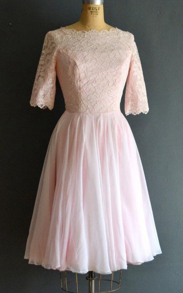 Bateau Half Sleeve short A-line Dress With Lace top
