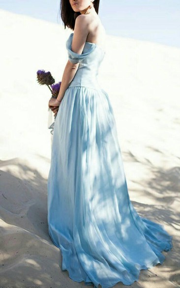 boho Off-the-shoulder Pleated long Dress With Sweep Train