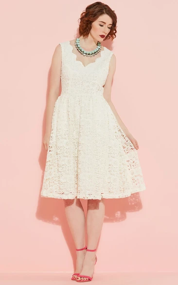 A Line V-neck Sleeveless Knee-length Lace Wedding Dress with Low-V Back