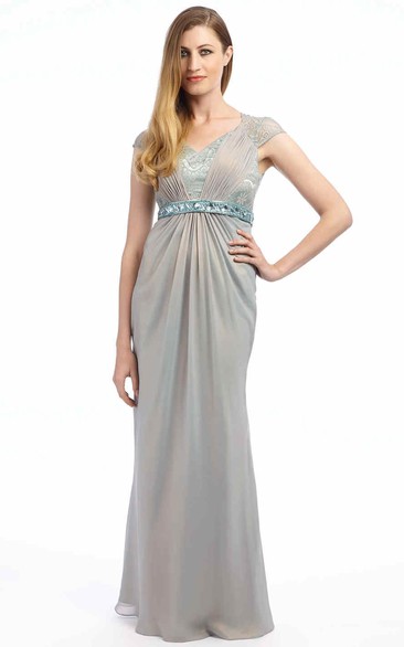 V-Neckline Lace Ruched Jeweled Cap-Sleeve Formal Gown