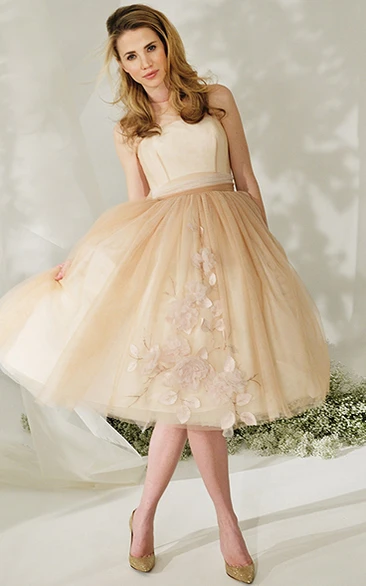 Strapless A-line Knee-length Tulle Dress With bow And Flower