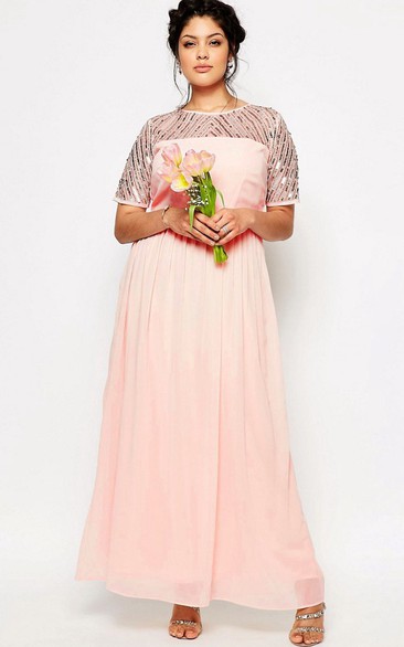 Jewel-Neck Short Sleeve Chiffon plus size Dress With Sequins