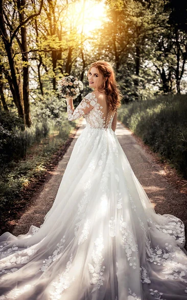 Plus Size Illusion Long Sleeve Curvy Lace Wedding Dress