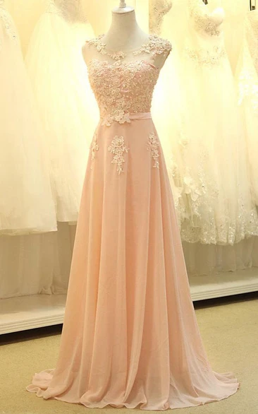 Sleeveless Lace Appliqued Long A-Line Chiffon Dress