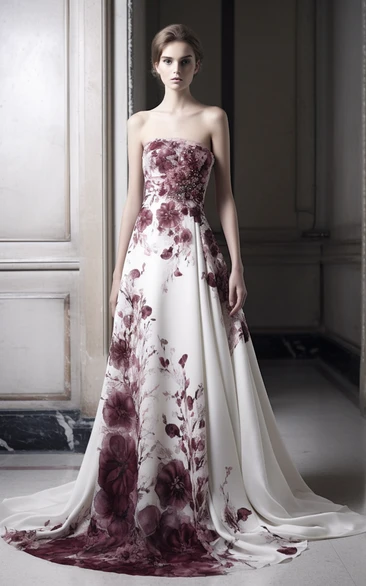 Strapless Floral Embroideried Beaded Empire A-line Wedding Dress