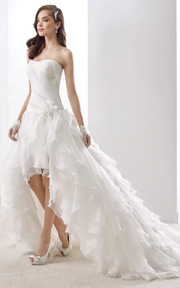 A-line Sweetheart Sleeveless High-low Chiffon Wedding Dress with Cascading Ruffles and Beading