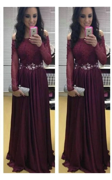 Evening Burgundy Lace Appliqued Crystal Long-Sleeve Stunning Dress