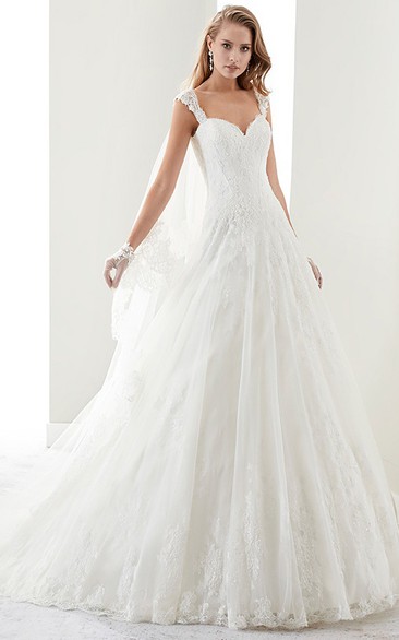 A-line Queen Anne Sleeveless Floor-length Lace Wedding Dress with Open back and Corset Up