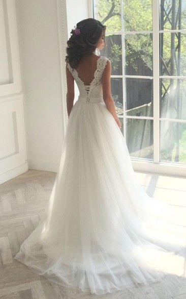 Jewel Lace Tulle Cap Short Sleeve Wedding Gown