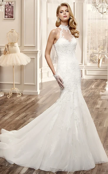 High Neck Sleeveless Lace Appliques Trumpet Wedding Dress With Keyhole And Court Train