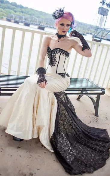 Sweetheart Mermaid Sleeveless Taffeta Lace Floor-length Sweep Train Wedding Dress with Corset Back