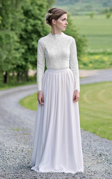 Modest Lace and Chiffon Jewel-Neck Long-Sleeve Wedding Dress