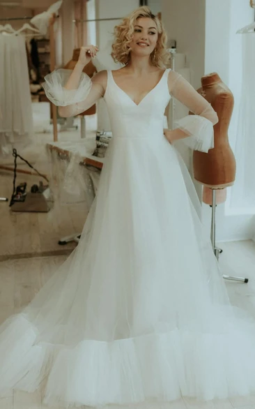 Simple A Line Tulle V-neck Bell Floor-length Wedding Dress with Ruching