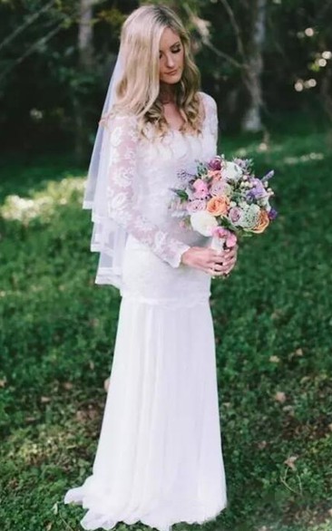 Scoop Chiffon Lace Illusion Long Sleeve Wedding Gown