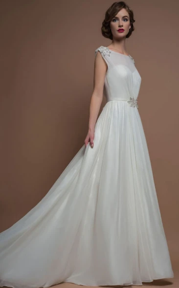 A-line Bateau Sleeveless Floor-length Chiffon Wedding Dress with Deep-V Back and Waist Jewellery