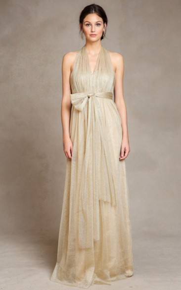A Line V-neck Sleeveless Floor-length Tulle Bridesmaid Dress with Sash and Bow