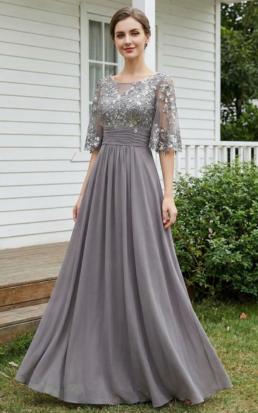 Elegant Half-Sleeve Chiffon A-Line Formal Gown (DR_300706) | Dress Afford