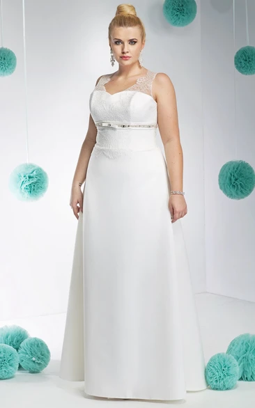 V-neck Sleeveless Satin A-line plus size wedding dress With Beading