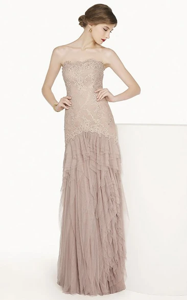 Strapless Lace Sheath Dress With Appliques And Cascading Ruffles