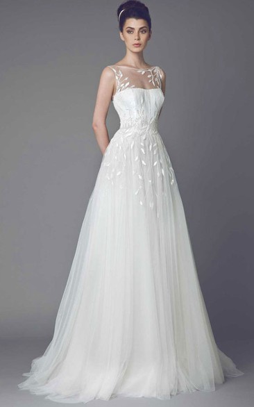 Bateau Sleeveless Tulle A-line Dress With Embroidery And Sweep Train