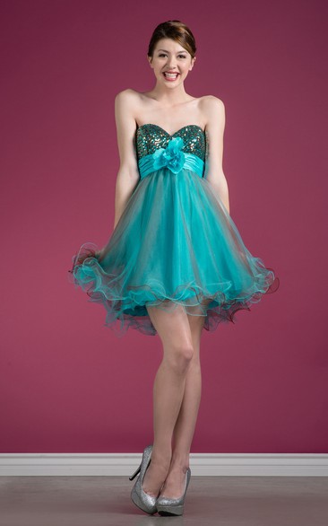 Multi-Color Tulle Sleeveless Ruffled Sequined A-Line Short Sweetheart Mini Strapless Dress