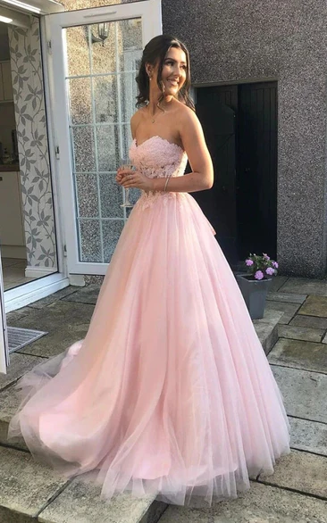 Sweetheart A-line Tulle Ball Gown Blush Pleated Empire Prom Dress