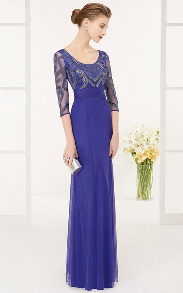 Sheath Scoop Half Sleeve Floor-length Satin/Tulle Mother Of The Bride Dress with Low-V Back and Beading