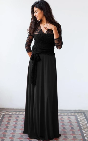 V-neck Lace Long Sleeve Chiffon Floor-length Dress With bow