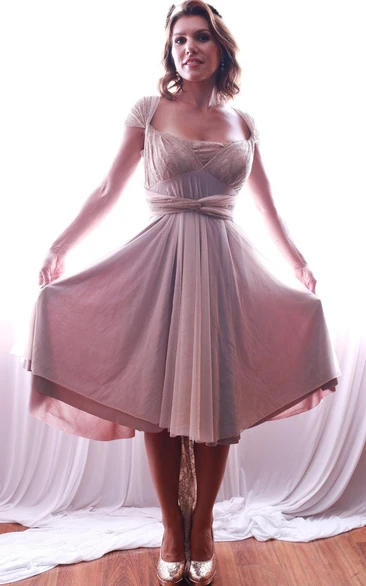 Cap-sleeve Pleated Knee-length Dress With Lace And bow