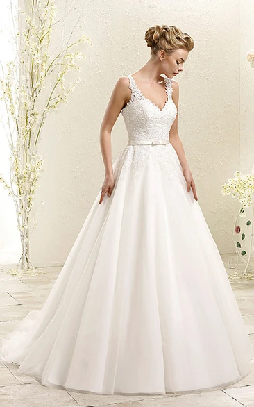 A-line V-neck Sleeveless Floor-length Tulle Wedding Dress with Low-V Back and Appliques