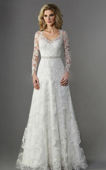 V-neck Illusion Long Sleeve A-line Wedding Dress With overall Appliques