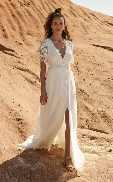 Bohemian Half Sleeve Plunging Front Split Lace And Chiffon Wedding Dress With Open Back