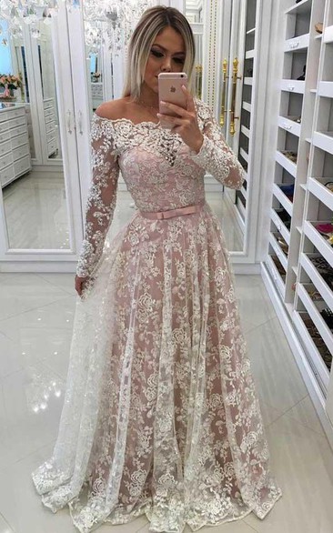 Off-the-shoulder Lace Long Sleeve Floor-length Beading Pleats Dress