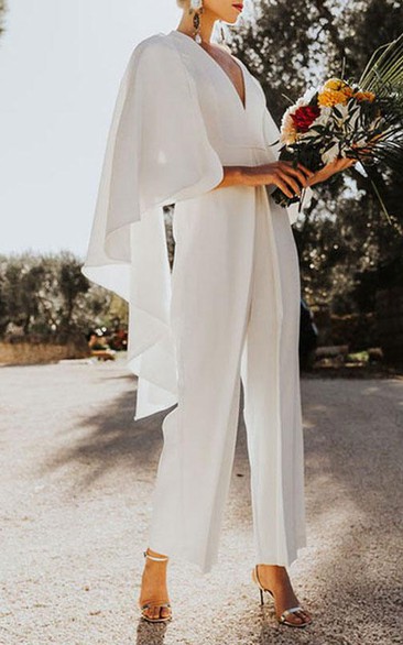 Bridal White A-Line V-Neck Jumpsuit with Half Sleeves