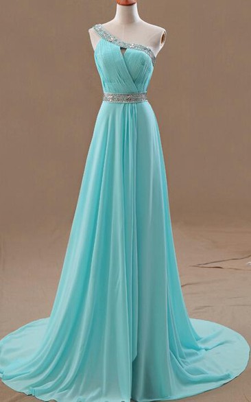 Chiffon Ruched Beading Floor-Length One-Shoulder Dress