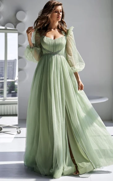 Casual Puff-long-sleeve pleated Front Split Dress with Beadings