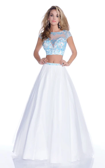 Cap-Sleeve Jeweled Lace-Bodice Crop-Top A-Line Tulle Gown