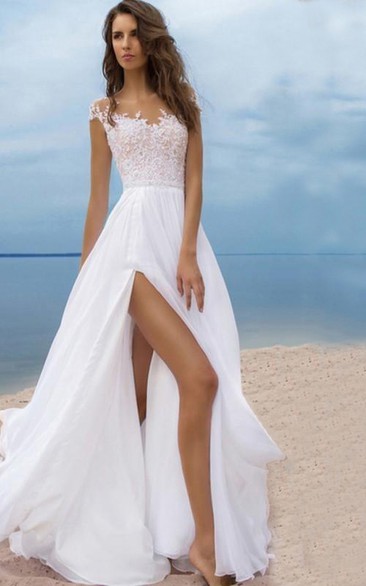 Sexy Beach Style Chiffon Scoop-neck Cap-sleeve Slit Front Dress with Lace