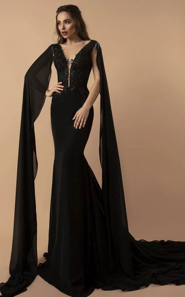 Black V Neck Mermaid Sleeveless Chiffon Wedding Dress with Tied-Back and Draping