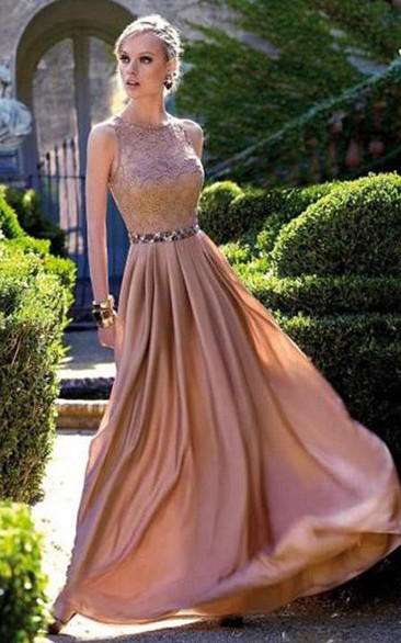 Chiffon Lace Bodice Long Sleeveless Dress