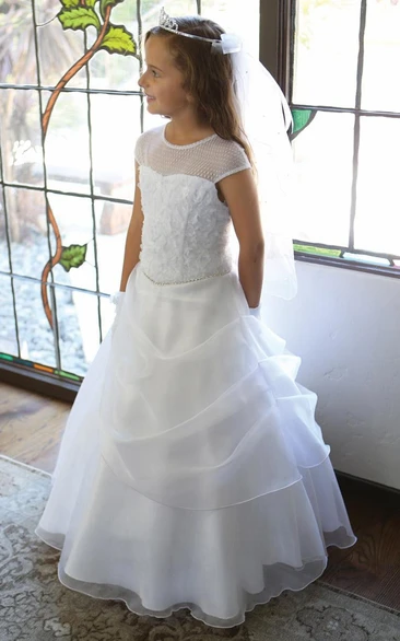 Lace Sequined Draped Layered Flower Girl Dress