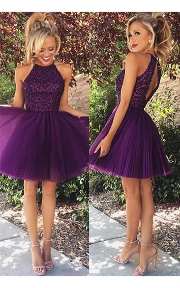 Rhinestoned Short Homecoming Purple Elegant High-Neckline Gown