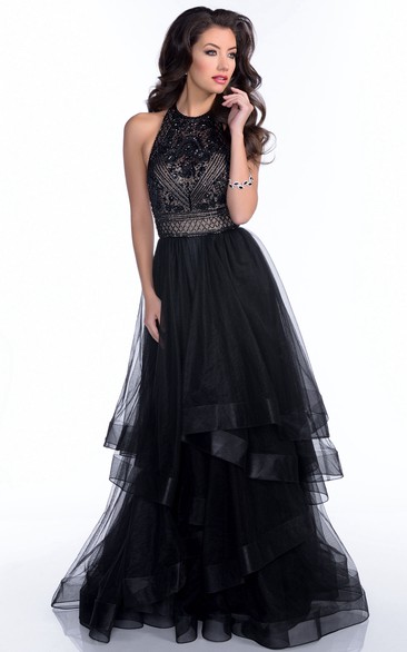 Jewel-Neck Sleeveless Tulle Tiered Prom Dress With Beading And Backless design