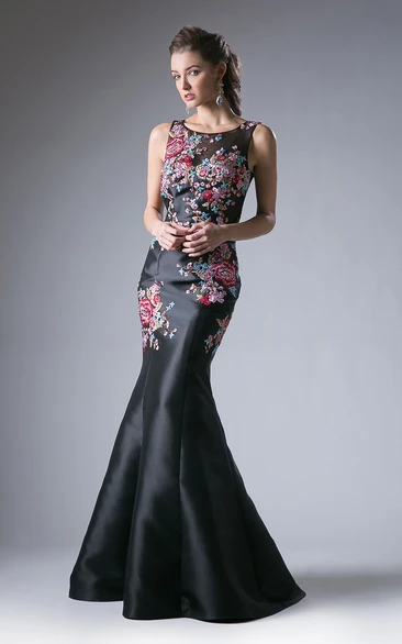 Mermaid/Trumpet Bateau Sleeveless Court Train Satin Prom Dress with Illusion and Embroidery