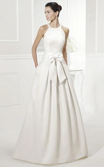 A-line Scoop Sleeveless Floor-length Satin Wedding Dress with Bow